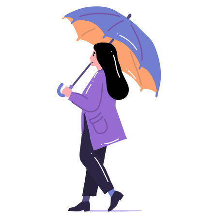 Hand Drawn young woman walking with umbrella in flat style isolated on backgroundのイラスト素材