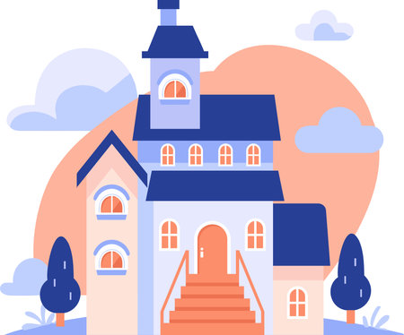 Hand Drawn Christmas house with snow in flat style isolated on backgroundのイラスト素材