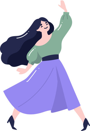Hand Drawn happy woman dancing in flat style isolated on backgroundのイラスト素材