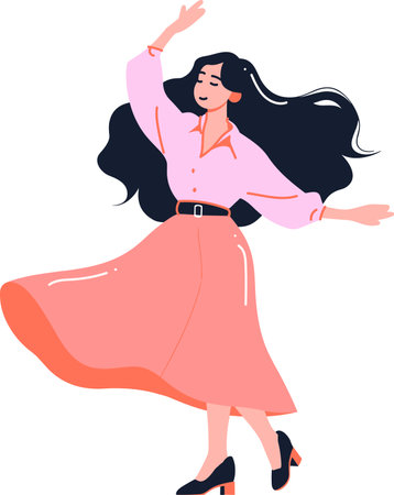 Hand Drawn happy woman dancing in flat style isolated on backgroundのイラスト素材