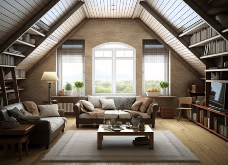 illustration of Modern interior design Triangle attic room in modern vintage styleの素材
