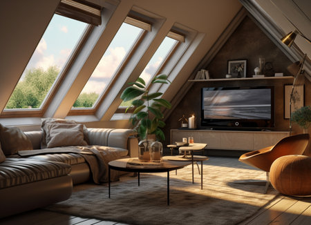 illustration of Modern interior design Triangle attic room in modern vintage styleの素材