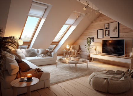 illustration of Modern interior design Triangle attic room in modern vintage styleの素材