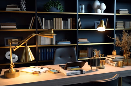 illustration of Modern interior design Office decorated in blue and gold in modern vintage styleの素材