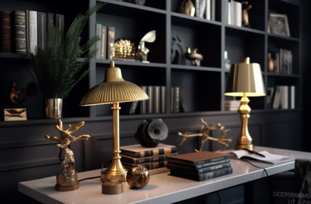 illustration of Modern interior design Office decorated in blue and gold in modern vintage styleの素材