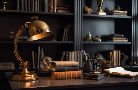 illustration of Modern interior design Office decorated in blue and gold in modern vintage styleの素材