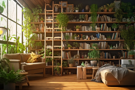 illustration of Modern interior Reading room next to the window in natural styleの素材