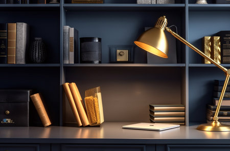 illustration of Modern interior design Office decorated in blue and gold in modern vintage styleの素材