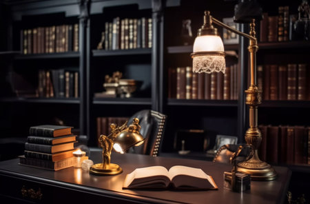 illustration of Modern interior design Office decorated in blue and gold in modern vintage styleの素材