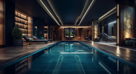 illustration of Modern house with swimming pool in luxury style at nightの素材