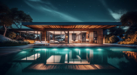 illustration of Modern house with swimming pool in luxury style at nightの素材
