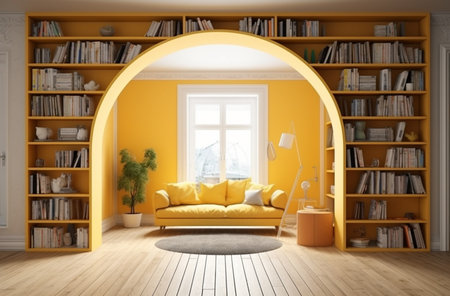 illustration of Modern interior design The reading room is decorated in yellow in a bright styleの素材