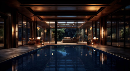 illustration of Modern house with swimming pool in luxury style at nightの素材