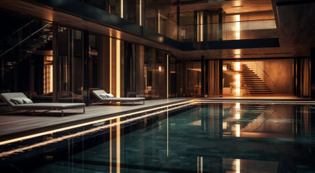 illustration of Modern house with swimming pool in luxury style at nightの素材