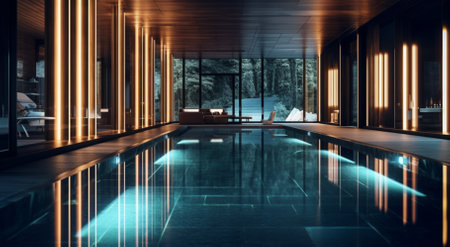 illustration of Modern house with swimming pool in luxury style at nightの素材