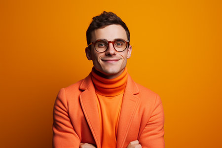 illustration of man wearing glasses with happiness on a bright backgroundの素材