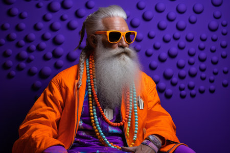 illustration of a fashion orange bearded man with sunglasses is posing on a colorful backgroundの素材
