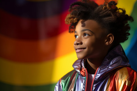 illustration of a fashion boy in a rainbow jacket smiling for the camera is posing on a rainbow backgroundの素材