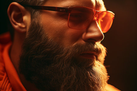 illustration of a fashion man with big beard is posing on a orange backgroundの素材
