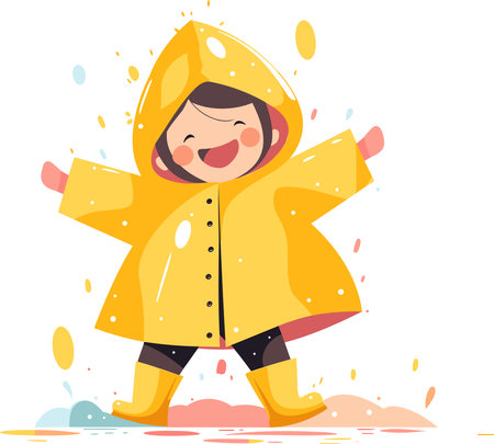 Hand Drawn A child in a raincoat showing a joyful expression that it is raining in flat style isolated on backgroundのイラスト素材