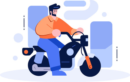 Hand Drawn Biker is riding motorcycle with fun in flat style isolated on backgroundのイラスト素材