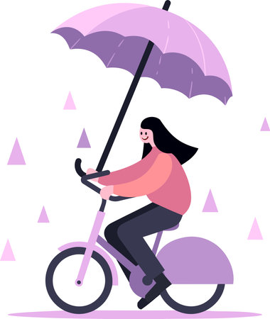 Hand Drawn beautiful woman riding a bicycle and holding an umbrella in flat style isolated on backgroundのイラスト素材