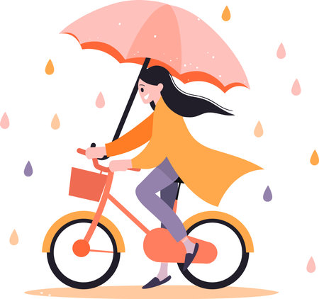 Hand Drawn beautiful woman riding a bicycle and holding an umbrella in flat style isolated on backgroundのイラスト素材