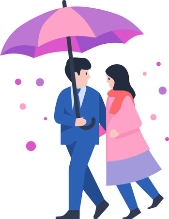 Hand Drawn couple holding umbrellas in the rain in flat style isolated on backgroundのイラスト素材
