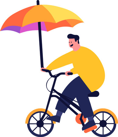 Hand Drawn man riding a bicycle and holding an umbrella in flat style isolated on backgroundのイラスト素材