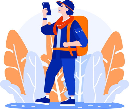 Hand Drawn Tourist is traveling and taking photos happily in flat style isolated on backgroundのイラスト素材