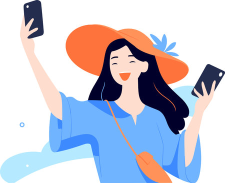 Hand Drawn Tourist is traveling and taking photos happily in flat style isolated on backgroundのイラスト素材