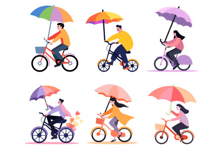 Hand Drawn man riding a bicycle and holding an umbrella in flat style isolated on backgroundのイラスト素材