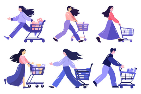 Hand Drawn shopping cart full of gifts at the mall in flat style isolated on backgroundのイラスト素材