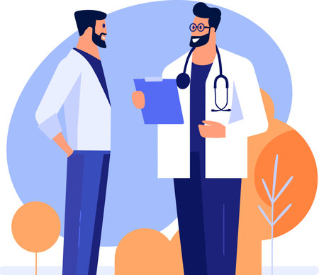 Hand Drawn Doctor talking to patient at hospital in flat style isolated on backgroundのイラスト素材