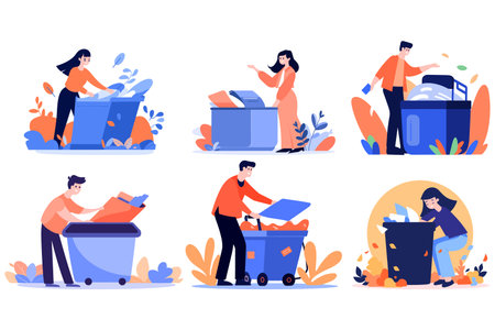 Hand Drawn woman with recycling bin in flat style isolated on backgroundのイラスト素材