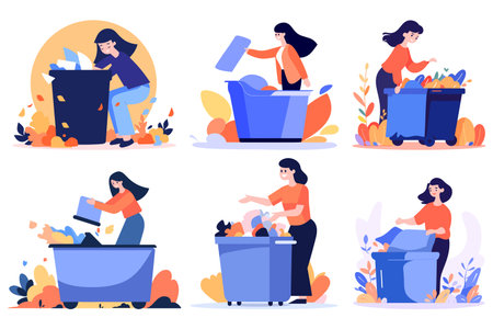 Hand Drawn woman with recycling bin in flat style isolated on backgroundのイラスト素材