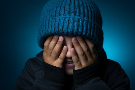 a boy with a blue knitted hat is laughing on blue backgroundの素材