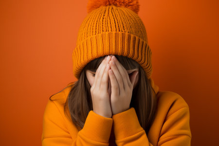 a beautiful female with a orange knitted hat is laughing on orange backgroundの素材