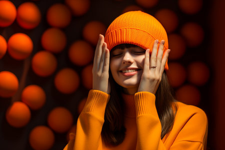 a beautiful female with a orange knitted hat is laughing on orange backgroundの素材