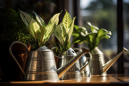 indoor plant pots and watering cans on bokeh style backgroundの素材