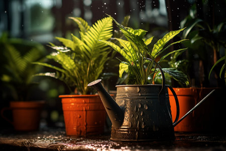 indoor plant pots and watering cans on bokeh style backgroundの素材
