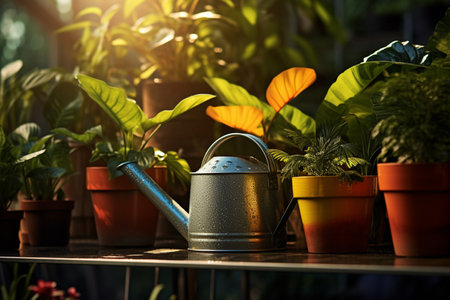 indoor plant pots and watering cans on bokeh style backgroundの素材