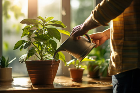 indoor plant pots and watering cans on bokeh style backgroundの素材