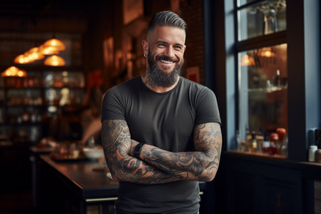 Male barista with tattoo standing in front of coffee shopの素材
