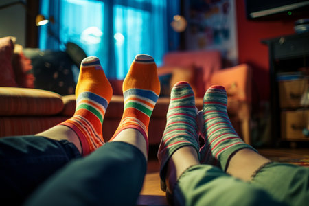 Couple watching tv happily at home and wearing socks on the feetの素材