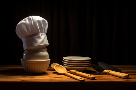 Chef hat and kitchen utensils set in a vintage kitchen backgroundの素材