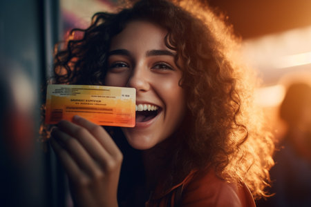 Attractive woman showing movie ticket at party at nightの素材