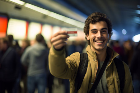 Attractive man showing movie ticket at party at nightの素材