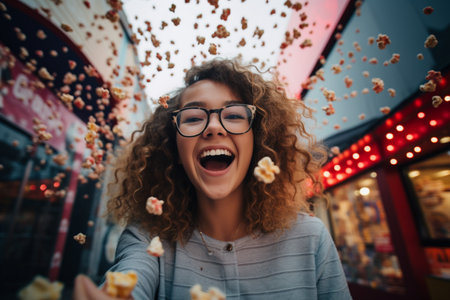 Happy girl with bucket of popcorn at evening partyの素材