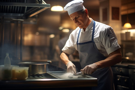 The assistant chef was washing dishes in the kitchenの素材